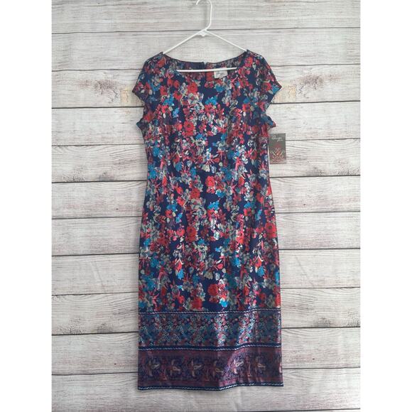 Beige by ECI Metallic Floral Midi Dress Women's Size 14 Blue/Silver/Pink‎ NEW - Picture 1 of 11